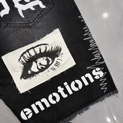 MIXED EMOTION Photo‑Patch Raw‑Hem Denim Shorts
