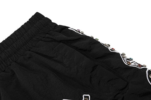 MIXED EMOTION Side‑Striped Rhinestone Logo Nylon Shorts