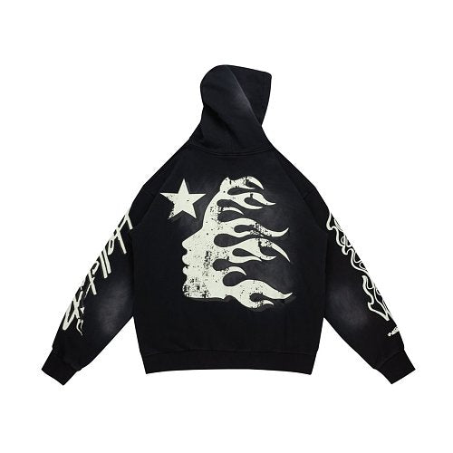 Hellstar Gothic Flame‑Face Black Hoodie Main Image