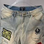 MIXED EMOTION Multi‑Patch Vintage Wash Baggy Cargo Jeans