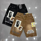 MIXED EMOTION Photo‑Patch Raw‑Hem Denim Shorts