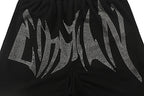 MIXED EMOTION Rhinestone Gothic Letter French Terry Shorts