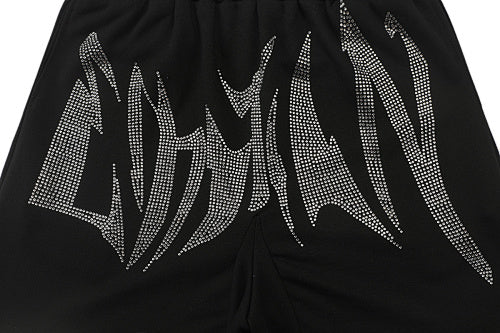 MIXED EMOTION Rhinestone Gothic Letter French Terry Shorts