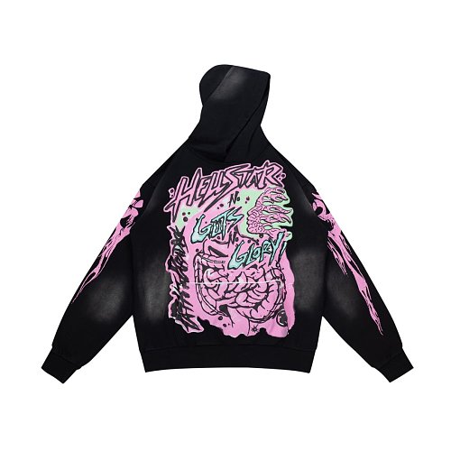 Hellstar Pink‑Green Skeleton Graphic Black Hoodie Main Image