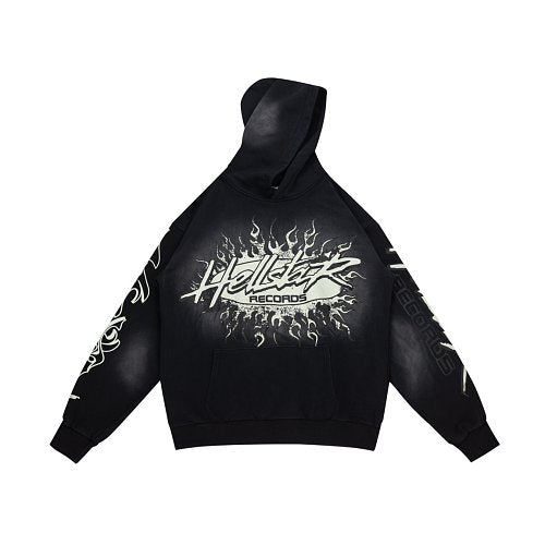Hellstar Gothic Flame‑Face Black Hoodie