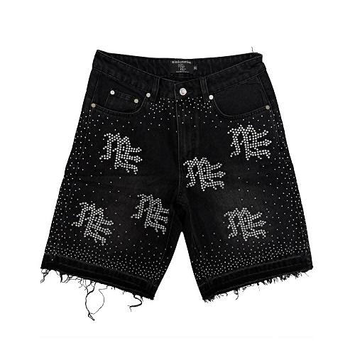 MIXED EMOTION Rhinestone Logo Denim Shorts Hover Image