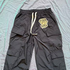 MIXED EMOTION Crest Patch Wide‑Leg Cargo Pants