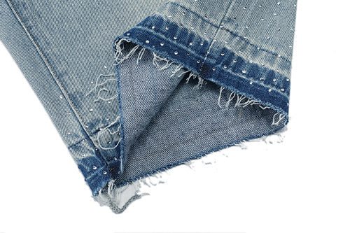 MIXED EMOTION Rhinestone Logo Vintage‑Wash Denim Jorts