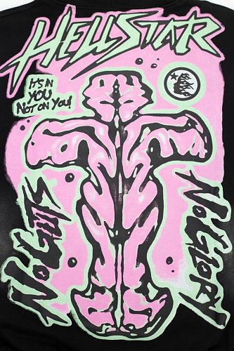 Hellstar Pink‑Green Skeleton Graphic Black Hoodie
