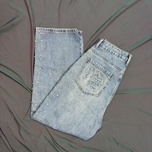 MIXED EMOTION Distressed Rivet‑Accent Straight‑Leg Jeans