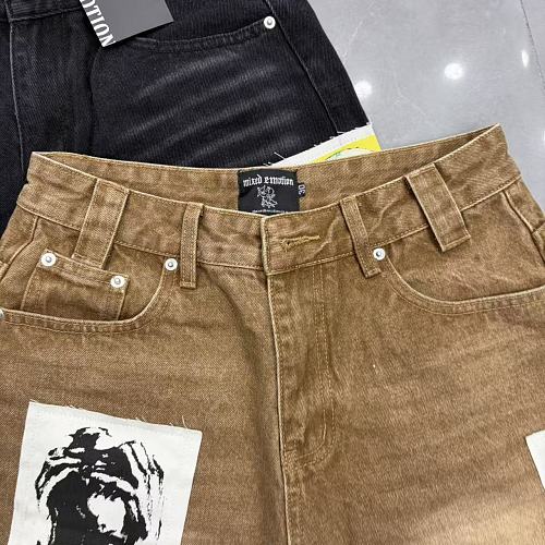 MIXED EMOTION Photo‑Patch Raw‑Hem Denim Shorts