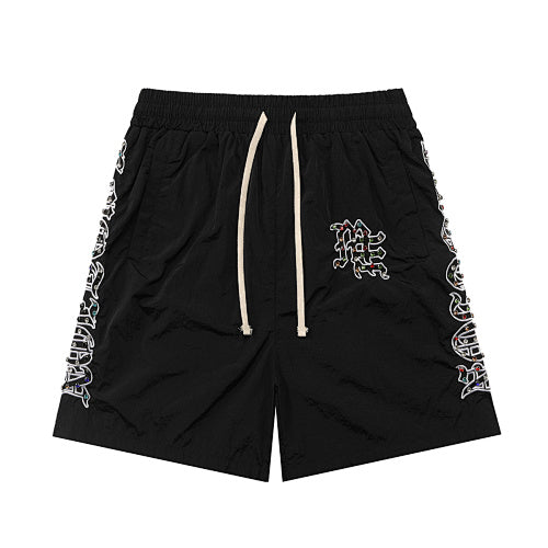 MIXED EMOTION Side‑Striped Rhinestone Logo Nylon Shorts Hover Image
