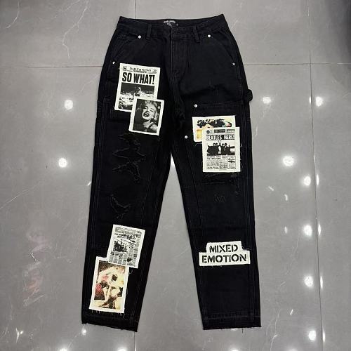 MIXED EMOTION Patch‑Work Distressed Straight‑Leg Jeans