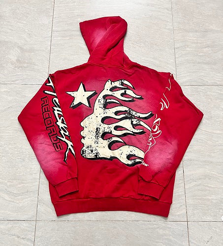 Hellstar Gothic Flame‑Face Red Hoodie