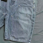 MIXED EMOTION Vintage Washed Paisley‑Stitch Denim Jorts