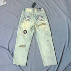 MIXED EMOTION Multi‑Patch Vintage Wash Baggy Cargo Jeans