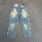 MIXED EMOTION Vertical Gothic‑Logo Cloud‑Wash Wide‑Leg Jeans