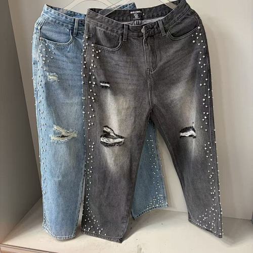 MIXED EMOTION Distressed Rivet‑Accent Straight‑Leg Jeans