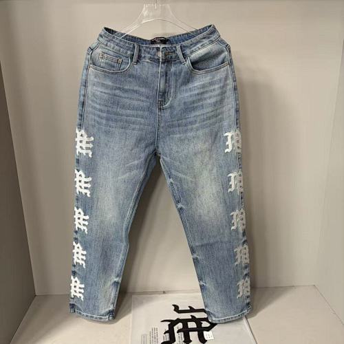 MIXED EMOTION Side Logo Vintage Light‑Wash Straight‑Leg Jeans